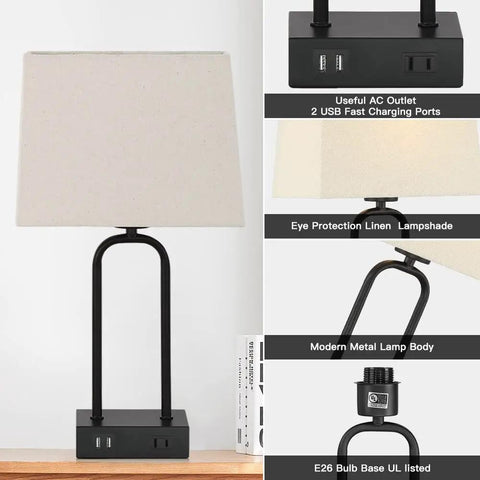 Must-Have Set Of 2 Modern Touch Lamps With Dual USB Ports And AC Outlet, featuring black base and cream fabric shade details