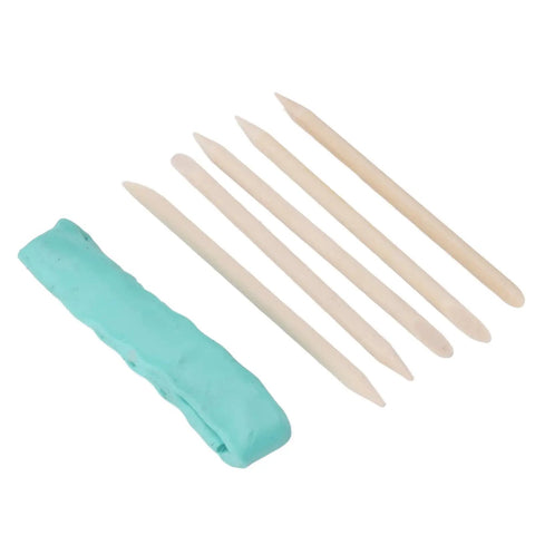 Watch Cleaning Clay Kit With Dual Ended Cleansing Sticks for dirt and fingerprints, small wooden sticks and clay shown.