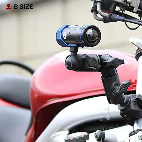 Tough Ball 1/4-20 Threaded Post Mount for Cameras Motion Sensors and Small Gear Devices attached to motorcycle with B size rubber ball.