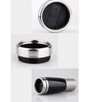 Close-up of the Ride Ready Electric Car Kettle cap top with black and stainless steel detailing for travel use.