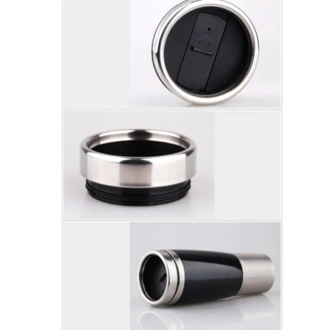 Close-up of the Ride Ready Electric Car Kettle cap top with black and stainless steel detailing for travel use.