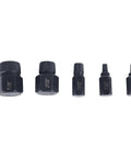 Five sizes of 25 Piece Screw Extractor Set With Alloy Steel Remover Tools For Damaged Hex Head And Stripped Screws shown in a row.