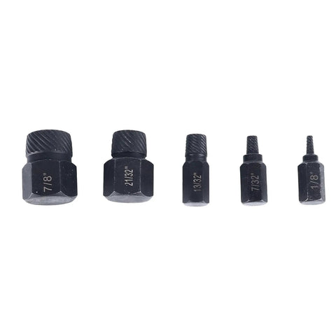 Five sizes of 25 Piece Screw Extractor Set With Alloy Steel Remover Tools For Damaged Hex Head And Stripped Screws shown in a row.