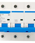 Heavy Duty 3P Small Circuit Breaker 100Amp D Curve Industrial Grade Tri Magnetic Miniature with blue detail for electrical protection.