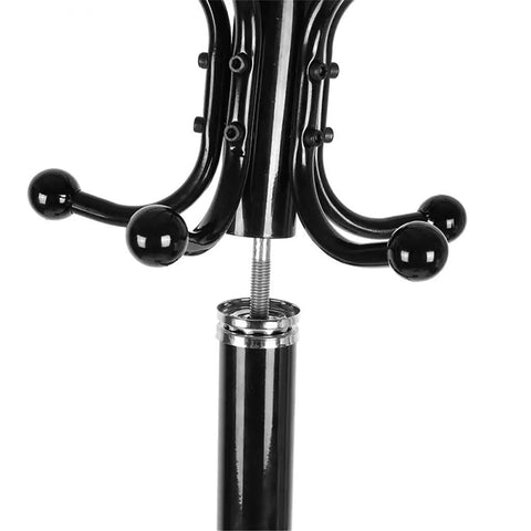 Close-up of the top section of the Straight Up Heavy Duty Four Tier Floor Standing Coat Rack With Ten Sturdy Metal Hooks.
