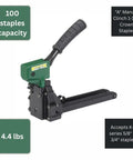 Lightweight Manual Clinch Stapler With One And Three Eighths Crown Accepts KA Series Five Eighths To Three Quarters Inch Staples Ideal For Folding Boxes Complete Overlap And Other Corrugated Cardboard Projects Ergonomic Handle Weighs Four Pounds shown at angle with features highlighted