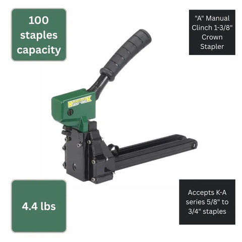 Lightweight Manual Clinch Stapler With One And Three Eighths Crown Accepts KA Series Five Eighths To Three Quarters Inch Staples Ideal For Folding Boxes Complete Overlap And Other Corrugated Cardboard Projects Ergonomic Handle Weighs Four Pounds shown at angle with features highlighted