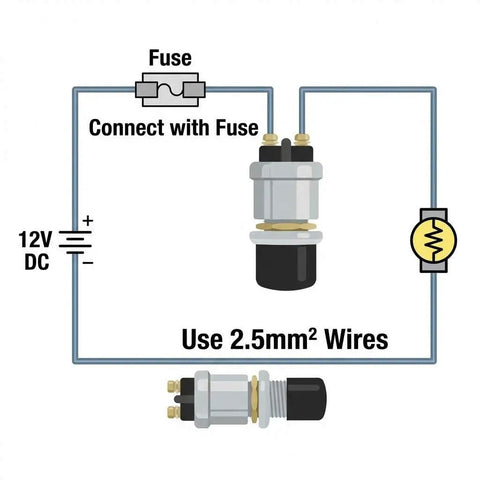 Wiring diagram for 12V 50A Momentary Engine Start Push Button For Cars, Trucks, And Boats, Heavy Duty Ignition Switch with fuse connection guidance