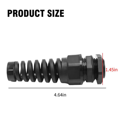 Five Pack Half Inch Strain Relief Cable Gland Kit IP68 Waterproof Nylon Spiral Joint shown with size dimensions
