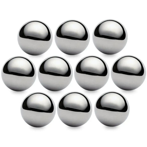 Stainless Steel Ball Bearings Set For Knots And Macrame, Heavy-Duty Hardware For Home Repairs And Joint-Friendly Hand Exercises, Sizes Ranging 3/4 Inch Through 2 Inch, Includes Packs Of 5, 10 And 35. Shiny metal spheres in a set of 10.
