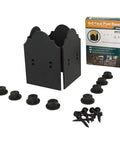 Black 6x6 Faux Post Base Plates For Outdoor Projects Corrosion Resistant Powder Coated Steel Includes One Per Pack Works With ACQ Treated Lumber Built For Decks And Fence Posts box displayed with components including plates, nuts, and screws.