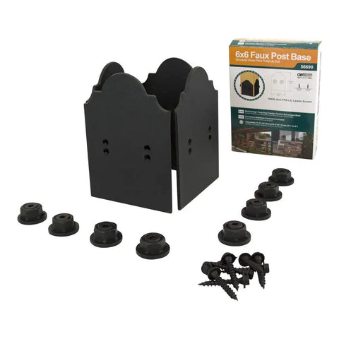 Black 6x6 Faux Post Base Plates For Outdoor Projects Corrosion Resistant Powder Coated Steel Includes One Per Pack Works With ACQ Treated Lumber Built For Decks And Fence Posts box displayed with components including plates, nuts, and screws.