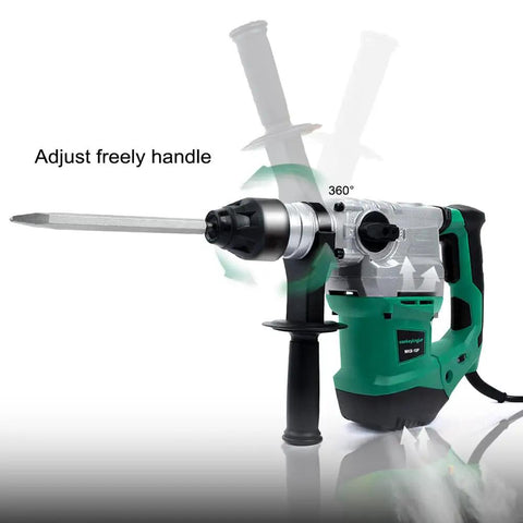 SDS Plus Rotary Hammer Drill Kit with 11 pc accessories, 12 amp 1500W, featuring adjustable 360° handle