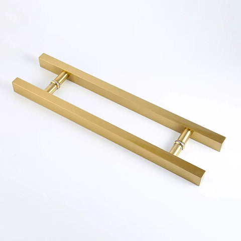 Beefy Heavy Duty Stainless Steel Door Pull Handle Set For Glass And Wood Doors Square Tube Construction Brushed Finish 800 By 500 Mm Durable Push Pull Handrail in gold finish