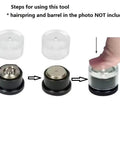Steps for using Plastic Watch Mainspring Barrel Closure Tool For Easy Plug And Play Barrel Cover Fitting with a finger press