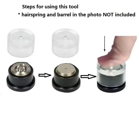 Steps for using Plastic Watch Mainspring Barrel Closure Tool For Easy Plug And Play Barrel Cover Fitting with a finger press