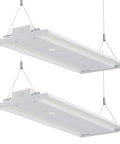 Two 4Ft LED linear high bay lights in white finish, showcasing dimmable features for garage or warehouse use.