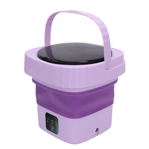 Hassle Free Mini Folding Washing Machine With Quick Ten Or Fifteen Minute Cycles And Hidden Carry Grip, compact purple design.
