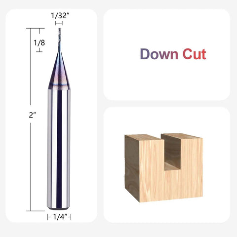 Pro Grade Solid Carbide Down Cut Cnc Router Bit Featuring Rock Solid 1/4 Inch Shank And Precision 1/32 Inch Width showing dimensions and wood cut.