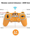Remote control for Volvo Authorized RC Dump Truck Toy For Kids, showing buttons and functionality, yellow color.