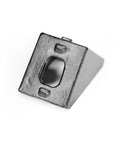 Front view of a black corner bracket for 2020 aluminum extrusion, 20x17mm angle with 6mm T-slot, ideal for CNC and 3D printers.