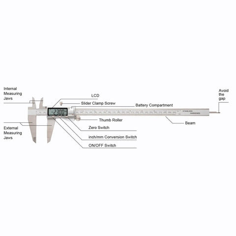 Labeled diagram of All Metal Digital Caliper 0 To 12 Inch Measuring Tool With Auto Off Conversion Between Inches And Millimeters