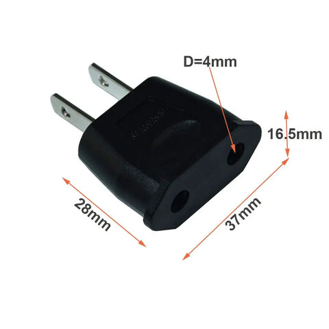 EU To US Travel Power Adapter Converter 600W AC Power Plug, Dual Pack, Compact Black, dimensions with measurement arrows