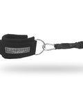 Heavy Duty Padded Resistance Band Ankle And Wrist Cuffs, Adjustable With Secure Velcro, close-up of black cuff with metal ring attachment.