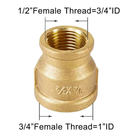 Brass reducing pipe coupling, 1/2" NPS female to 3/4" NPS female threaded fitting
