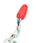 Vertical Toggle Clamp Iron Galvanized 50kg Holding Force 66mm Push Pull Type for welding jigs with red handle close-up.
