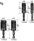 Top Shelf 8 Piece Carbon Steel Wood Plug Cutter Drill Bit Set With Tapered And Straight Heads Quick Swap 1/4 Inch Hex Shank, 6.35mm hex shank, dimensions shown.