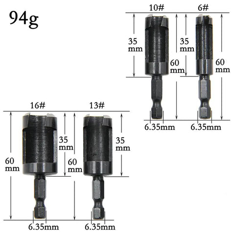 Top Shelf 8 Piece Carbon Steel Wood Plug Cutter Drill Bit Set With Tapered And Straight Heads Quick Swap 1/4 Inch Hex Shank, 6.35mm hex shank, dimensions shown.