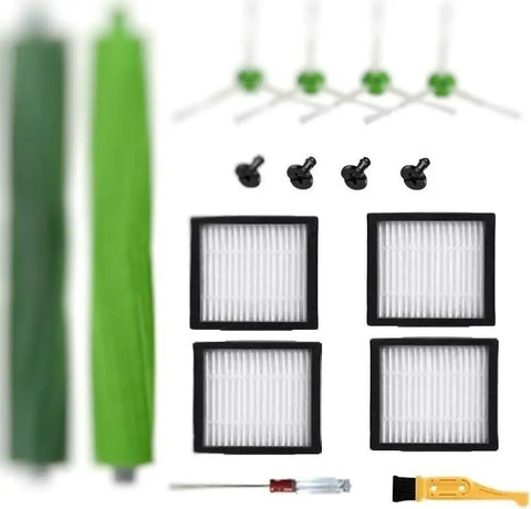 Must Have Roomba Replacement Parts Kit Compatible With I7 I7 Plus I3 I4 I6 I8 And J7 Series Vacuum Cleaners shown with 2 rubber brushes, 4 HEPA filters, side brushes, and tool