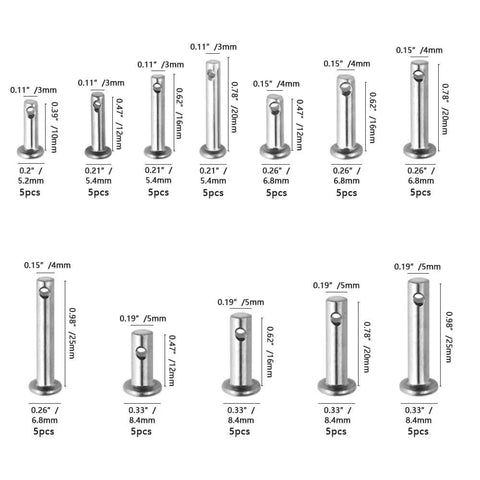 60 Piece Stainless Clevis Pins Set With Holes - M3, M4, M5 Flat Head Location Pins, T-Shape And Round Pins, 12 Sizes - 304 Steel
