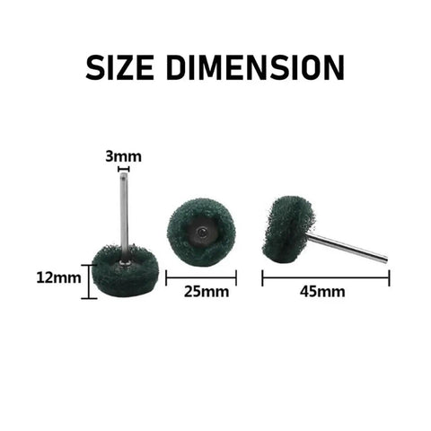 Must-Have 10-Piece Nylon Abrasive Wheel Kit With 120 To 600 Grit dimensions showing 25mm diameter and 12mm thickness for rotary tools.