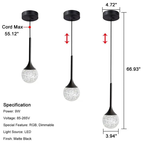 RGB LED Pendant Light With Remote Control, Matte Black Teardrop Chandelier With Bubble Crystal, Ceiling Fixture dimensions