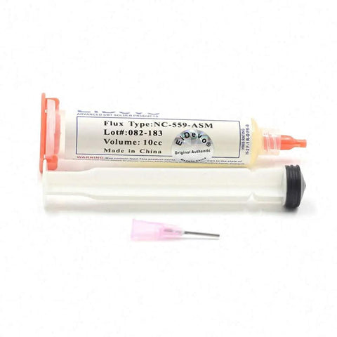559 UV Flux Paste Lead-Free Solder Paste For Precise PCB Soldering, 10cc NC-559-ASM-UV With Needles, syringe and cap visible.
