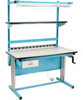 Built Tough 60 By 30 Inch Ergonomic Workbench With Smooth Manual Crank Lift And Six Spacious Drawers Featuring Anti Static Esd Laminate Surface, blue structure, manual crank, drawer.