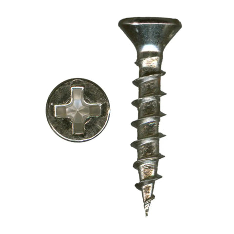 100 Pack Size 7 X 5/8 Inch Flat Head Wood Screws Nickel Plated Fasteners For Cabinet Assembly Particle Board And Mdf Projects Delivers Badass Holding Power That Makes Any Weekend Warrior Smile And Keeps Every Joint Snug As A Bug - close-up view of screw and philips head