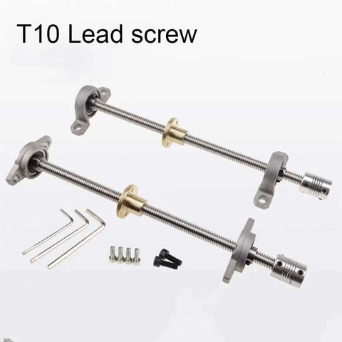 Heavy Duty 3D Printer Lead Screw Kit With Brass Copper Nut And Flexible Coupling For X Y Axis Smooth Motion Upgrade T10 Threaded Rod Plus Bearing Brackets To Fix Your Machine Today. T10 lead screw kit with bearings, couplings, brass nuts, and hex keys