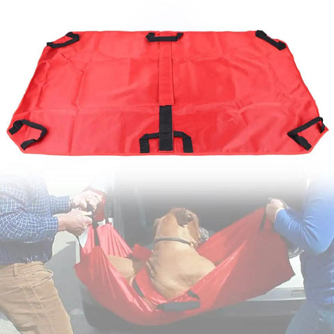 Heavy Duty Foldable Pet Stretcher With Secure Buckles Emergency Dog Carrier Transport Cot For Vet Runs Keeps Calm During Emergencies Supports 242 Pounds Solid As A Rock For Big Guys And Easy Hauling Red, shown flat with secure buckles.