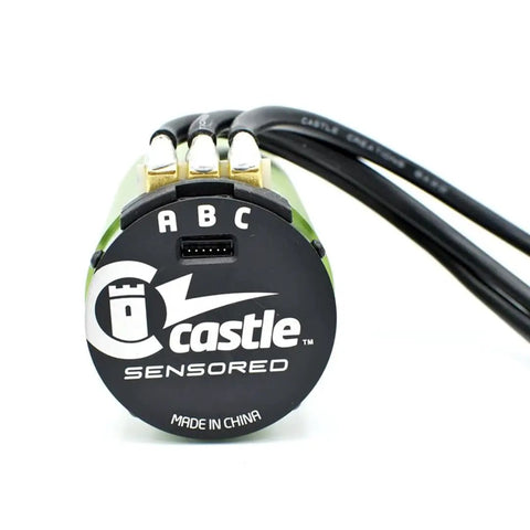 Four Pole Sensored Brushless RC Motor 2028 1100Kv end view with connectors and branding, 56mm diameter, 113mm length