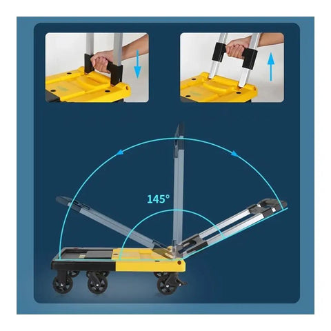 Foldable Flat Bed Cart With Wheels For Home And Courier Use, Heavy Duty Hand Truck On Wheels, yellow aluminum cart folding 145°