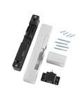 Components of Soft Shut Hydraulic Door Closer With Quiet Glide and Invisible Mounting, including screws and mounting plates.