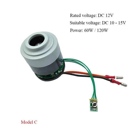 Heavy Duty Brushless DC Motor Electric Fan 5 Amp 11 To 21 Volt with gray casing and wires for cooling applications.