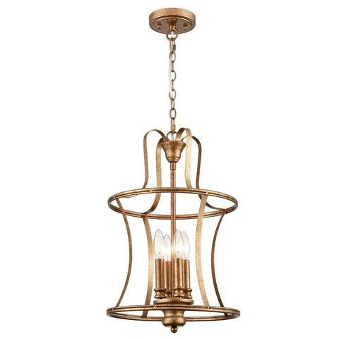 Modern Lantern Pendant Light With Four Lights In A Rusty Gold Finish, Adjustable Height Ceiling Fixture