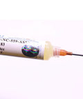 Close-up of No Clean Flux Gel Paste for Soldering with Needle Dispensing Tool 559 ASM showing syringe and needle tip.