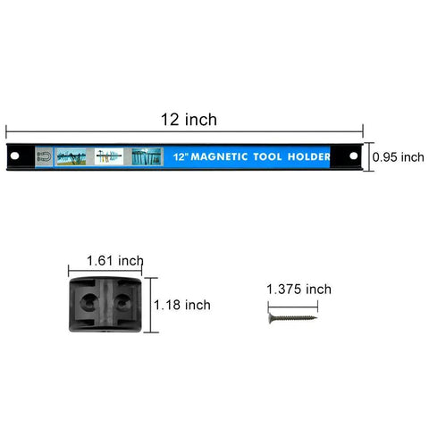 Four Piece 12 Inch Magnetic Tool Bar Set For Garage And Workshop, Heavy Duty Black Metal Organizer dimensions and screws shown