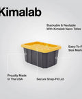 Dead Simple Mini Storage Totes With Snap Lids And Stackable Design For Hardware Sorting Plus Craft Supplies Organizer Compact Nestable Bins in black and yellow showing secure snap-fit lid and size markings.