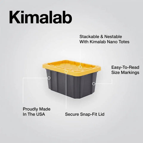 Dead Simple Mini Storage Totes With Snap Lids And Stackable Design For Hardware Sorting Plus Craft Supplies Organizer Compact Nestable Bins in black and yellow showing secure snap-fit lid and size markings.